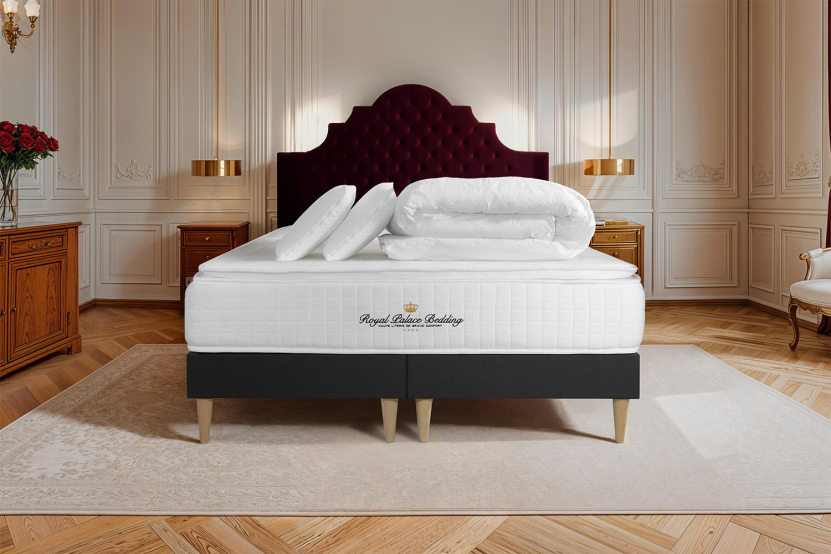 Pack lit complet 200x200 cm - Matelas + 2 Sommiers noirs + 2 oreillers + Couette - George V