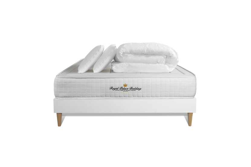 Pack lit complet 140x200 cm - Matelas + Sommier Blanc (en kit) + 2 oreillers + Couette - Balmoral