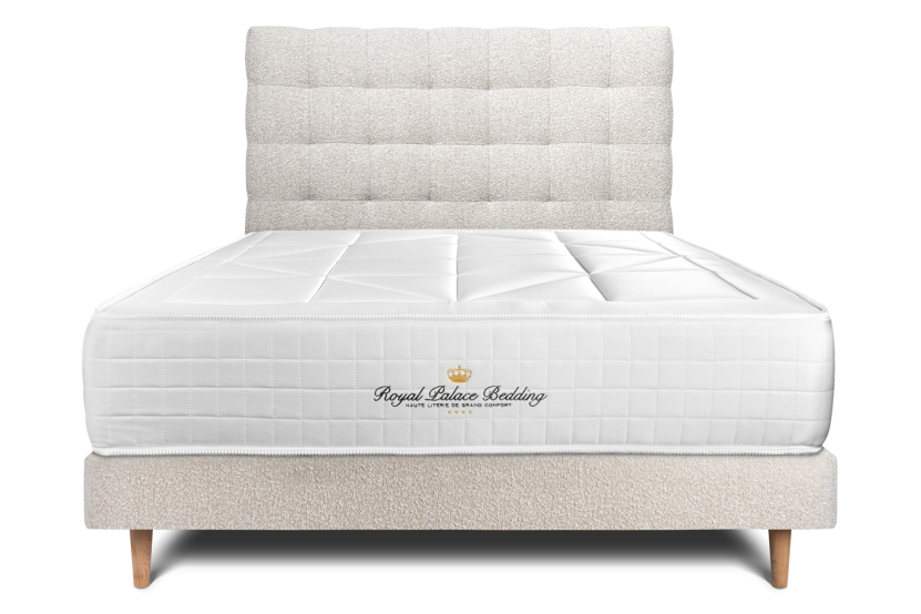 Lit 140x190 avec Sommier et Matelas - Sommier Beige Clair + Tête de lit Capitonnée - Windsor