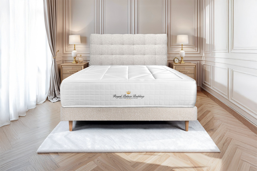 Lit 140x190 avec Sommier et Matelas - Sommier Beige Clair + Tête de lit Capitonnée - Windsor