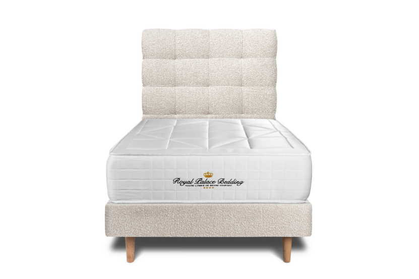 Lit 90x190 avec Sommier et Matelas - Sommier Beige Clair + Tête de lit Capitonnée - Windsor