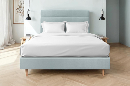 Lit 140x190 cm - Sommier tapissier H35 cm + tête de lit à lignes - Tissu Velours Gris Bleuté