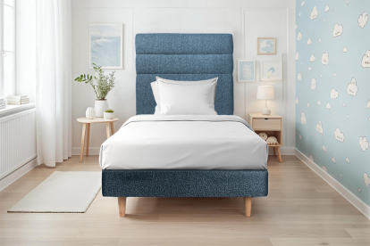Lit 90x200 cm - Sommier tapissier H29 cm + tête de lit à lignes - Tissu Bouclette Bleu