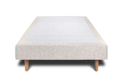 Lit 90x200 cm - Sommier tapissier H29 cm + tête de lit à lignes - Tissu Toile natté Beige Clair