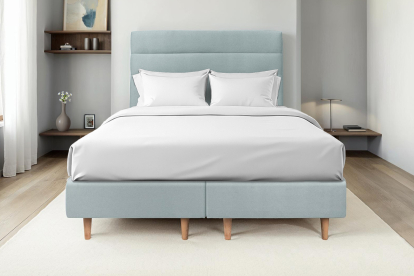 Lit 2x 80x200 cm - Sommier tapissier H35 cm + tête de lit à lignes - Tissu Velours Gris Bleuté