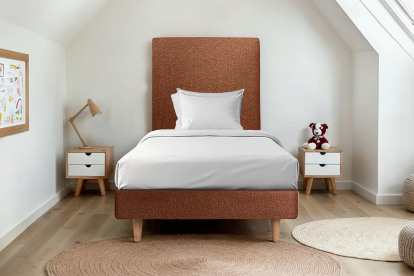 Lit 90x190 cm - Sommier tapissier H29 cm + tête de lit tapissée - Tissu Bouclette Terracotta