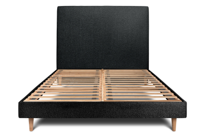 Lit 180x200 cm - Sommier à lattes H29 cm + tête de lit tapissée - Tissu Bouclette Noir