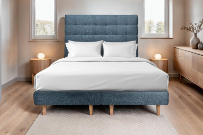 Lit 2x 90x200 cm - Sommier tapissier H29 cm + tête de lit capitonnée - Tissu Bouclette Bleu