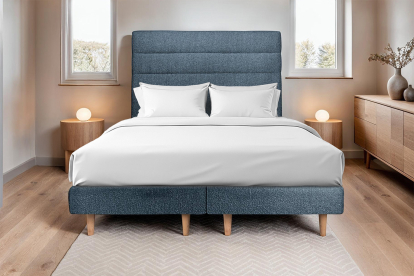 Lit 2x 100x200 cm - Sommier tapissier H29 cm + tête de lit à lignes - Tissu Bouclette Bleu