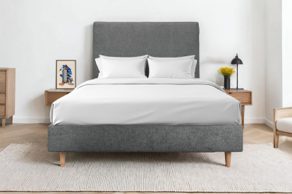 Lit 160x200 cm - Sommier tapissier H35 cm + tête de lit tapissée - Tissu Toile natté Gris Anthracite