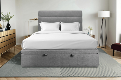 Lit coffre 160x200 cm avec Tête de lit à lignes - Tissu Toile natté Gris Anthracite