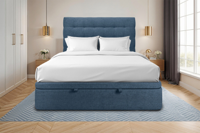 Lit coffre 200x200 cm avec Tête de lit capitonnée - Tissu Toile natté Bleu Océan