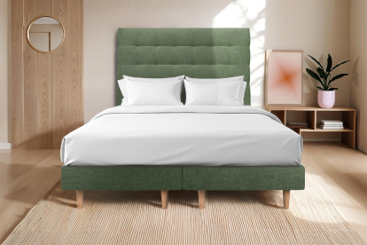 Lit 2x 80x200 cm - Sommier tapissier H29 cm + tête de lit capitonnée - Tissu Toile natté Vert Kaki