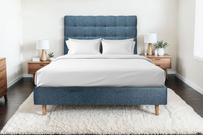 Lit 160x200 cm - Sommier tapissier H35 cm + tête de lit capitonnée - Tissu Bouclette Bleu