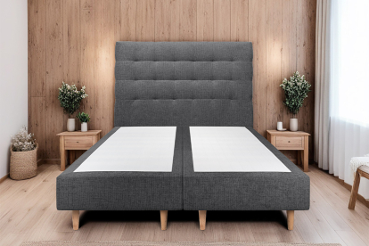 Lit 2x 100x200 cm - Sommier tapissier H35 cm + tête de lit capitonnée - Tissu Toile natté Noir