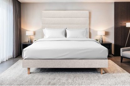 Lit 160x200 cm - Sommier tapissier H29 cm + tête de lit à lignes - Tissu Toile natté Beige Clair