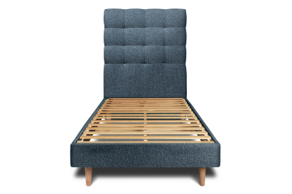 Lit 90x200 cm - Sommier à lattes H29 cm + tête de lit capitonnée - Tissu Bouclette Bleu