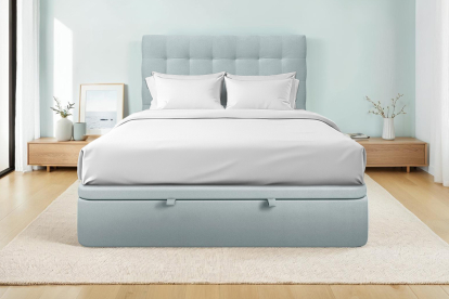 Lit coffre 140x200 cm avec Tête de lit capitonnée - Tissu Velours Gris Bleuté
