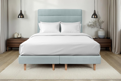 Lit 2x 100x200 cm - Sommier tapissier H29 cm + tête de lit à lignes - Tissu Velours Gris Bleuté