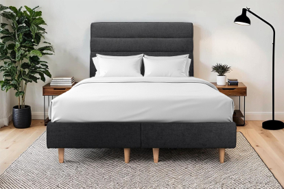 Lit 2x 100x200 cm - Sommier tapissier H35 cm + tête de lit à lignes - Tissu Toile natté Noir