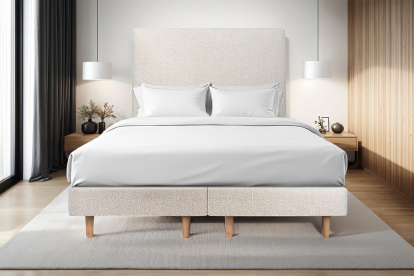 Lit 2x 80x200 cm - Sommier tapissier H29 cm + tête de lit tapissée - Tissu Bouclette Beige Clair
