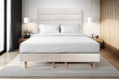 Lit 2x 90x200 cm - Sommier tapissier H29 cm + tête de lit à lignes - Tissu Bouclette Beige Clair
