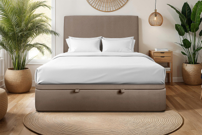 Lit coffre 160x200 cm avec Tête de lit tapissée - Tissu Velours Taupe