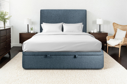 Lit coffre 140x200 cm avec Tête de lit tapissée - Tissu Bouclette Bleu