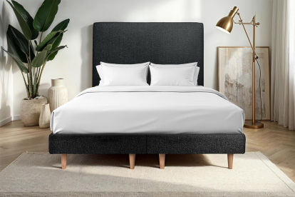 Lit 2x 80x200 cm - Sommier tapissier H29 cm + tête de lit tapissée - Tissu Bouclette Noir