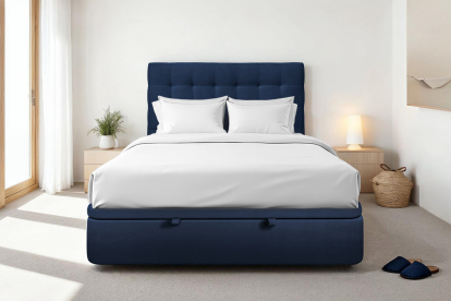 Lit coffre 200x200 cm avec Tête de lit capitonnée - Tissu Velours Bleu Océan
