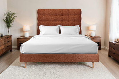 Lit 140x190 cm - Sommier tapissier H29 cm + tête de lit capitonnée - Tissu Bouclette Terracotta
