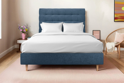 Lit 140x190 cm - Sommier tapissier H35 cm + tête de lit capitonnée - Tissu Toile natté Bleu Océan