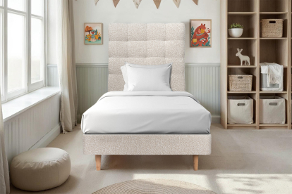 Lit 90x200 cm - Sommier à lattes H29 cm + tête de lit capitonnée - Tissu Bouclette Beige Clair
