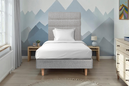 Lit 90x190 cm - Sommier tapissier H29 cm + tête de lit à lignes - Tissu Bouclette Gris