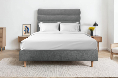 Lit 140x190 cm - Sommier tapissier H35 cm + tête de lit à lignes - Tissu Toile natté Gris Anthracite