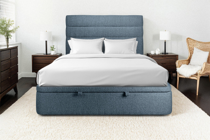 Lit coffre 200x200 cm avec Tête de lit à lignes - Tissu Bouclette Bleu