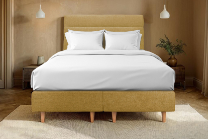Lit 2x 90x200 cm - Sommier tapissier H35 cm + tête de lit à lignes - Tissu Toile natté Jaune
