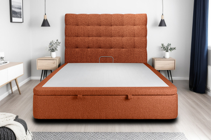 Lit coffre 140x190 cm avec Tête de lit capitonnée - Tissu Bouclette Terracotta