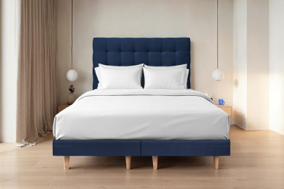 Lit 2x 80x200 cm - Sommier tapissier H29 cm + tête de lit capitonnée - Tissu Velours Bleu Océan