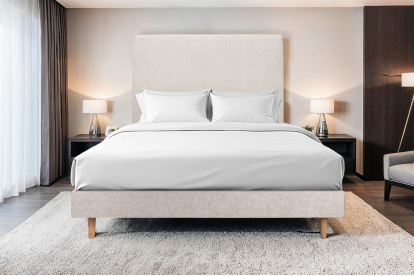 Lit 140x190 cm - Sommier tapissier H29 cm + tête de lit tapissée - Tissu Toile natté Beige Clair