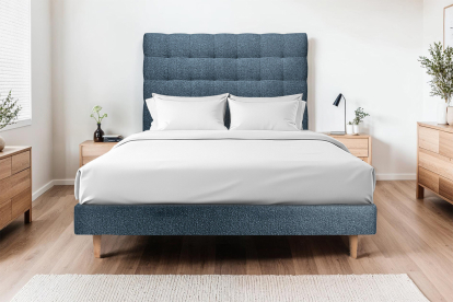 Lit 160x200 cm - Sommier tapissier H29 cm + tête de lit capitonnée - Tissu Bouclette Bleu