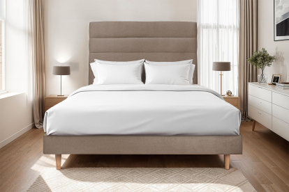 Lit 180x200 cm - Sommier à lattes H29 cm + tête de lit à lignes - Tissu Velours Taupe
