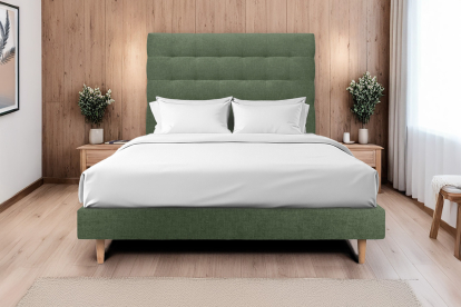Lit 140x190 cm - Sommier tapissier H29 cm + tête de lit capitonnée - Tissu Toile natté Vert Kaki