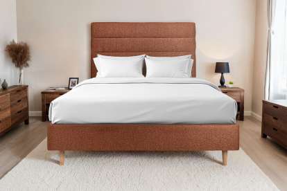 Lit 140x190 cm - Sommier tapissier H35 cm + tête de lit à lignes - Tissu Bouclette Terracotta