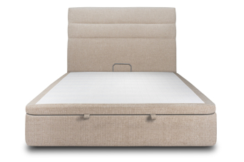 Lit coffre 140x200 cm avec Tête de lit à lignes - Tissu Toile natté Beige Brun