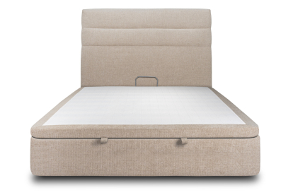 Lit coffre 140x200 cm avec Tête de lit à lignes - Tissu Toile natté Beige Brun