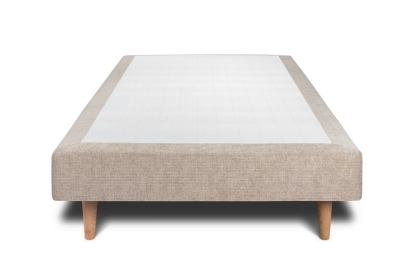 Lit 90x200 cm - Sommier tapissier H29 cm + tête de lit à lignes - Tissu Toile natté Beige Brun