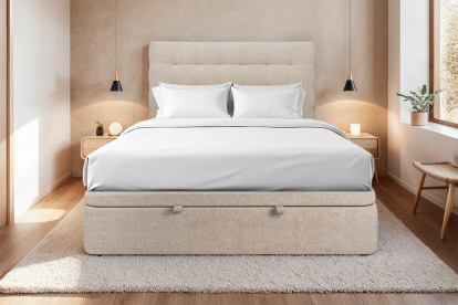 Lit coffre 140x190 cm avec Tête de lit capitonnée - Tissu Toile natté Beige Brun