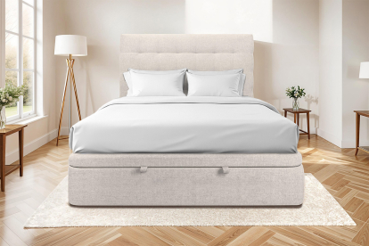 Lit coffre 140x190 cm avec Tête de lit capitonnée - Tissu Toile natté Beige Clair