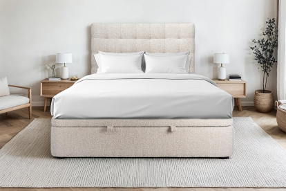 Lit coffre 140x200 cm avec Tête de lit capitonnée - Tissu Bouclette Beige Clair